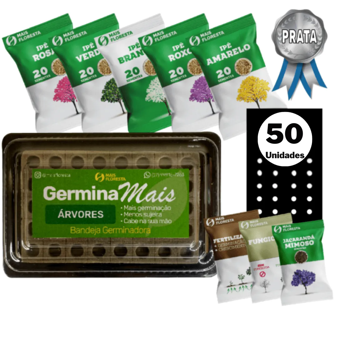 Kit Germinação Prata - 300 Sementes de Ipê, Bandeja Germinadora, Fungicida, Fertilizante e 50 Sacos para plantio